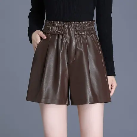 咖色皮短裤女秋冬2023新款松紧腰宽松a字阔腿裤百搭PU皮裤休闲裤商品大图