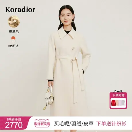 珂莱蒂尔冬季新款羊绒羊毛双面呢大衣女中长款米白色毛呢外套女商品大图