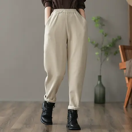 dza 高腰显瘦加厚加绒哈伦裤子女士宽松阔腿裤冬季长裤直筒休闲裤商品大图