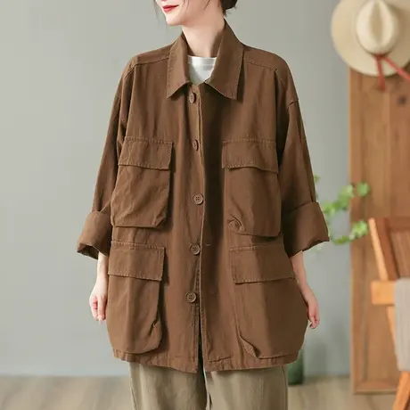 dza 复古休闲中长款翻领衬衫外套女士春秋季新款宽松工装长袖上衣图片