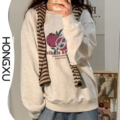 红续2020年港式复古红石榴印花圆领上衣chic秋冬新款加厚套头上衣图片