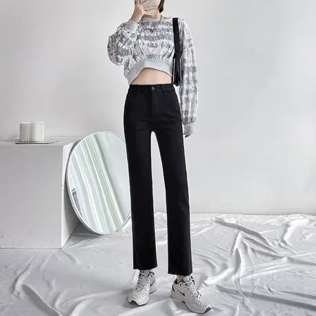 高腰黑色直筒牛仔裤女秋冬2023年春季女装新款九分显瘦加绒烟管裤商品大图