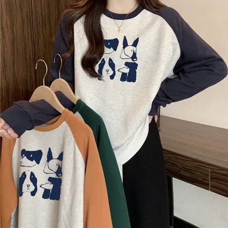 韩系百搭个性印花长袖卫衣女秋冬宽松加绒加厚拼色插肩袖上衣潮商品大图