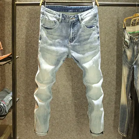 夏季浅蓝色复古牛仔裤男款韩版修身裤子男士潮牌破洞高街小脚长裤商品大图