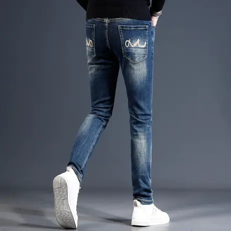 高端复古经典蓝色牛仔裤男2023新款秋冬款修身小脚弹力休闲男裤子商品大图