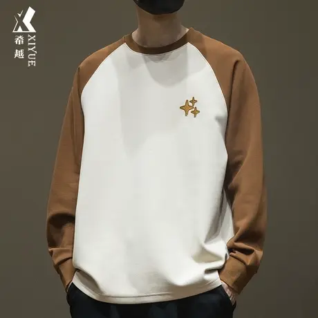 希越米格双面棉撞色卫衣男秋季拼接刺绣打底衫宽松大码插肩袖秋冬商品大图