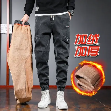 冬季秋冬款加绒加厚工装休闲牛仔裤男士男裤子防风保暖外穿松紧腰商品大图