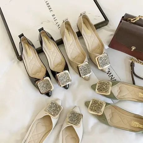 鞋子女2024新款春季百搭水钻金属扣尖头单鞋平底豆豆鞋网红瓢鞋图片