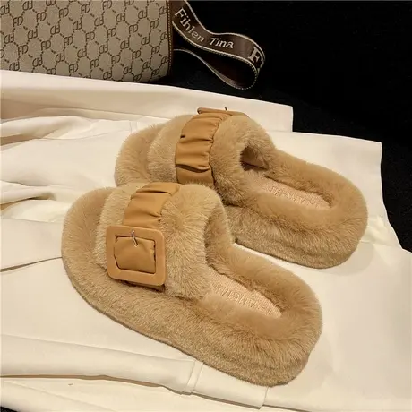厚底毛毛拖鞋女2024年秋冬新款居家外穿高级感ins潮毛绒一字拖鞋商品大图