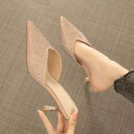 包头半拖鞋女外穿懒人一脚蹬2024夏季新款网红尖头舒适高跟凉拖鞋商品大图