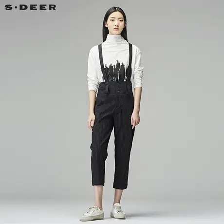 sdeer圣迪奥2019春装英伦撞色黑白条纹高腰纽扣背带裤女S18180814商品大图