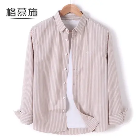 格慕施春秋长袖衬衫男士舒适条纹工装大码休闲外套男装潮图片
