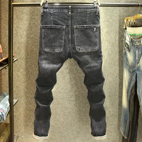 高端潮牌水洗牛仔裤男款黑色休闲百搭长裤子修身小脚弹力男士裤子图片