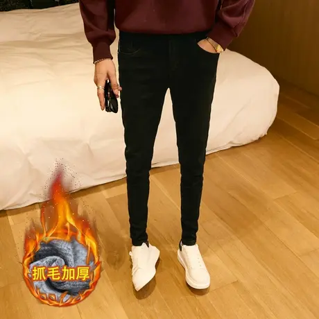 黑色四季新款刺绣修身小脚裤男潮韩版百搭猫须刮烂铅笔裤青年长裤商品大图