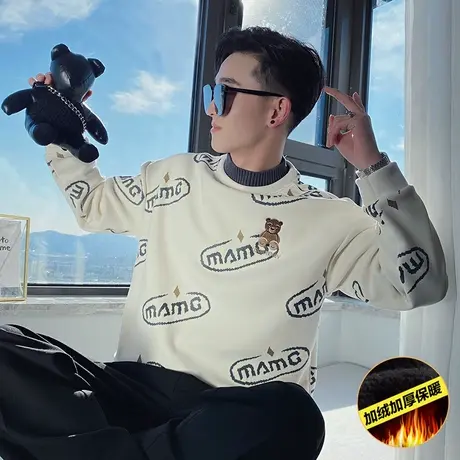 秋冬男卫衣外套上衣修身假两件拼接潮牌加绒潮流休闲加厚保暖外套图片