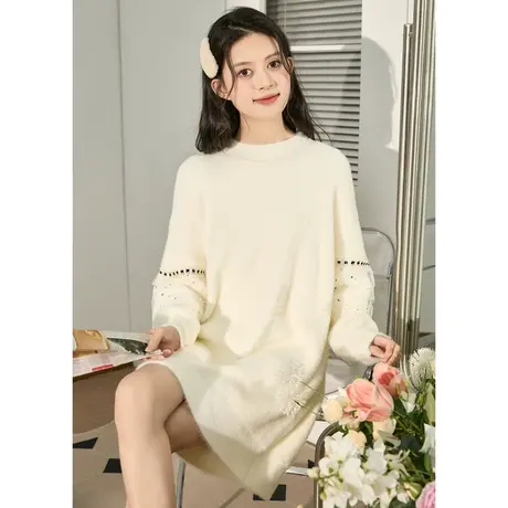 唐狮新款富家千金冬装连衣裙女白色小个子甜美毛绒感内搭裙12.30商品大图