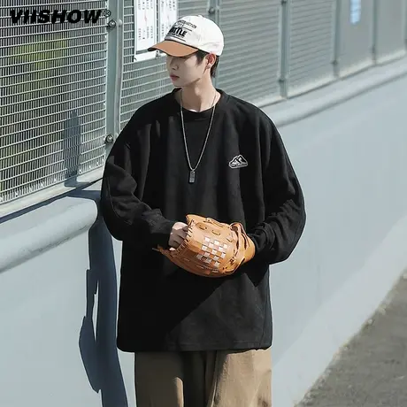 VIISHOW重磅纯棉美式简约无帽圆领卫衣男日系青少年潮流宽松上衣商品大图