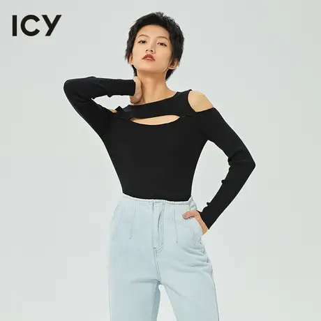 icy女装设计春秋新款简约纯色外穿修身镂空露肩针织衫女图片