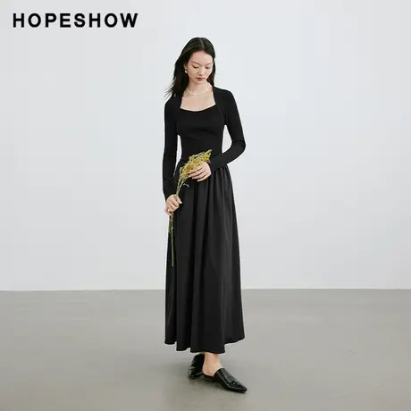 红袖时尚拼接收腰套头连衣裙hopeshow2024春季新款翻领修身小黑裙图片