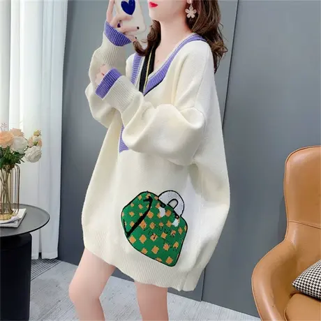 宽松慵懒风V领打底毛衣女秋冬2023年新款韩版中长款洋气减龄上衣商品大图