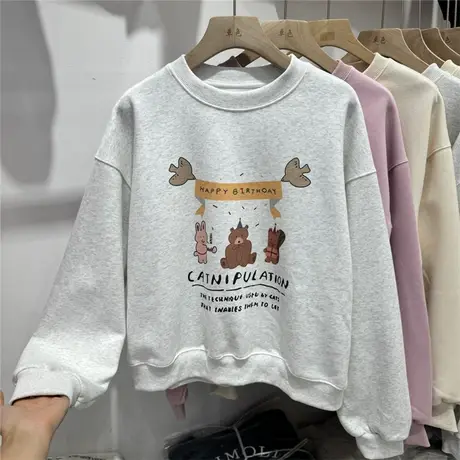 字母卡通图案印花圆领卫衣女2024年春季新款学院风宽松套头衫上衣商品大图