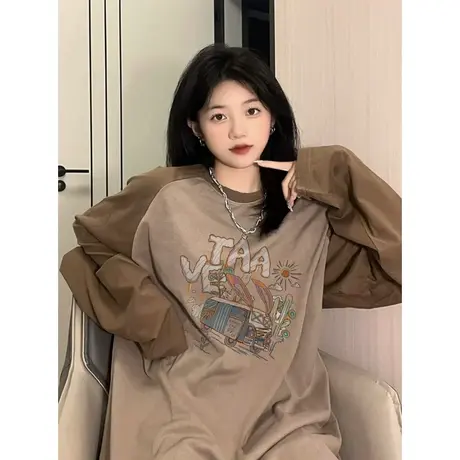 拼色插肩长袖t恤女小众设计感春秋2023新款港风chic圆领宽松上衣图片