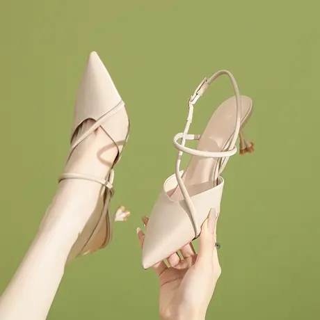 包头凉鞋女2024夏季百搭新款中空一字扣带配裙子尖头后空细跟单鞋商品大图