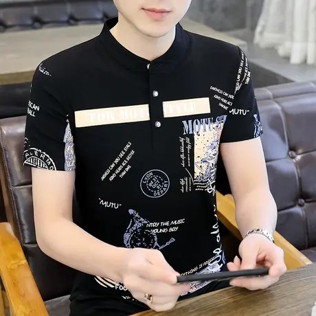 polo衫男士t恤短袖夏季新款韩版潮流修身半袖男装印花立领上衣服商品大图