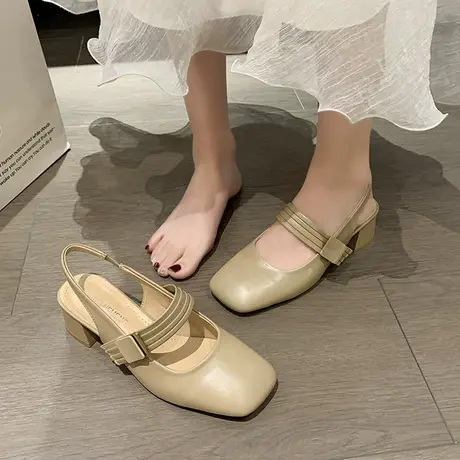 一字带包头凉鞋女2024春夏新款时尚百搭粗跟单鞋清凉透气玛丽珍鞋商品大图