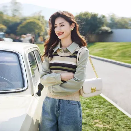 时尚气质针织衫2024年春季新款女拼接假两件休闲百搭减龄条纹上衣商品大图