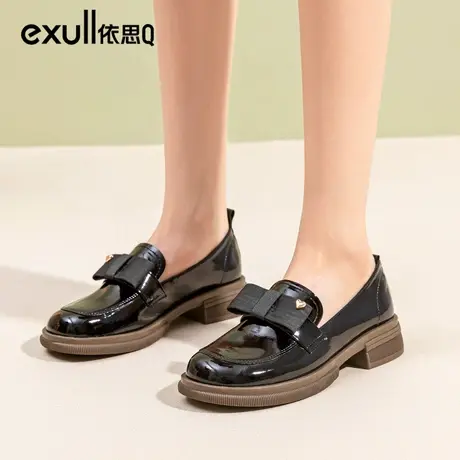 依思q小皮鞋女2023秋冬新款粗跟漆皮单鞋蝴蝶结小个子法式乐福鞋商品大图