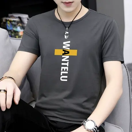 莫代尔夏天短袖t恤男装潮流潮牌打底衫圆领衣服新款半袖男生体恤商品大图