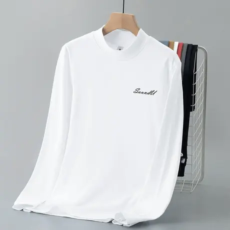 240g重磅纯棉白色t恤男长袖半高领内搭上衣服中领打底衫全棉秋衣商品大图