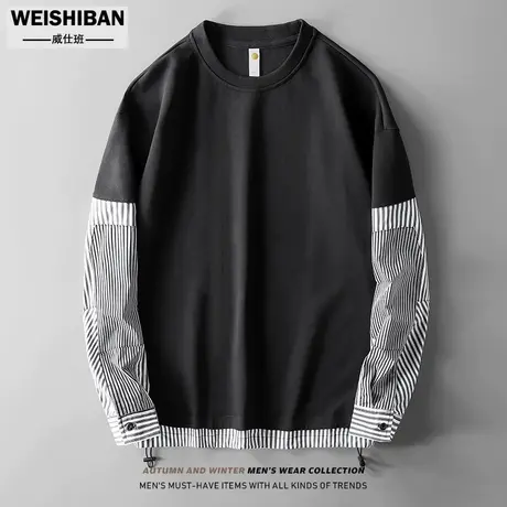 春秋季新款圆领套头体恤美式休闲假两件衬衫袖个性拼接宽松卫衣男商品大图