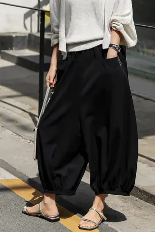 纯诗曼夏季新款松紧腰九分裤时尚休闲宽松裤阔腿萝卜裤哈伦裤女潮商品大图