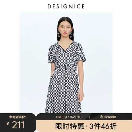 迪赛尼斯夏装新款高腰设计感印花收腰短袖雪纺连衣裙女夏季图片