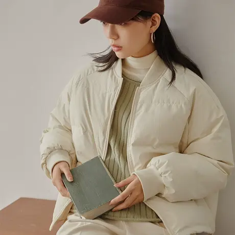 omont蛋挞家 复古棒球领轻薄短款羽绒服女冬小个子加厚面包服外套商品大图