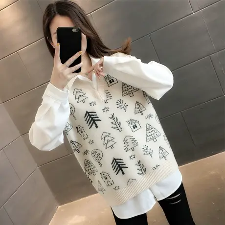 文艺范提花针织马甲女春秋新款V领套头无袖背心宽松外搭坎肩马夹商品大图