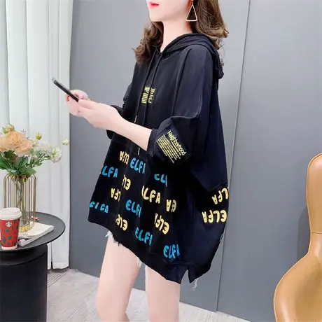 设计感连帽半袖t恤女夏季2023新款宽松慵懒风大码洋气小个子上衣商品大图