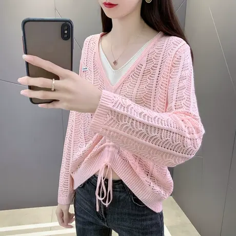 2023新款女士针织衫罩衫上衣V领宽松套头长袖镂空防晒商品大图