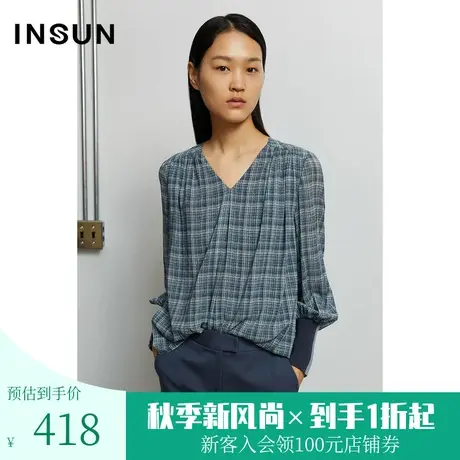 恩裳春秋季商场同款格子桑蚕丝气质袖口拼接设计感衬衫女图片