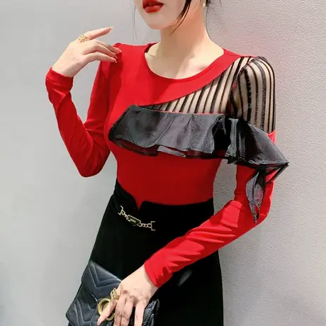 2023秋装新款性感镂空T恤女长袖时尚荷叶边上衣ins网纱拼接打底衫商品大图