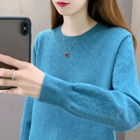 早秋新款纯色圆领套头针织衫毛衣长袖女士爆款上衣宽松百搭打底衫商品大图