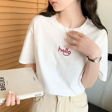 夏季短袖T恤女2023年新款宽松纯棉白色半袖字母印花体恤上衣ins潮商品大图
