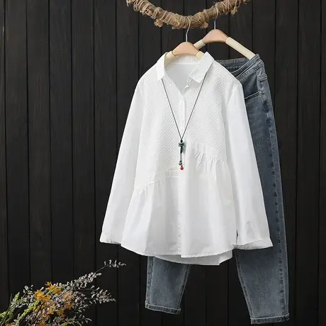 2023春季新款白色长袖衬衫女宽松显瘦拼接减龄休闲衬衣打底衫上衣商品大图