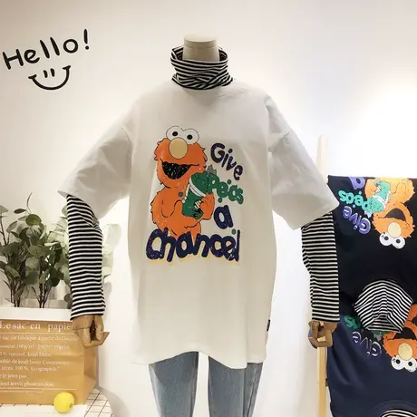 2020早春新款韩国东大门cec潮宽松BF风半高领条纹假两件套T恤大码商品大图