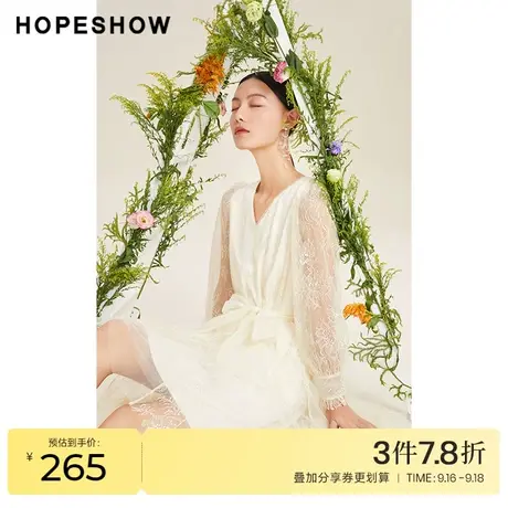 红袖outlets亮片V领连衣裙hopeshow2022春季新款泡泡袖蕾丝裙子图片