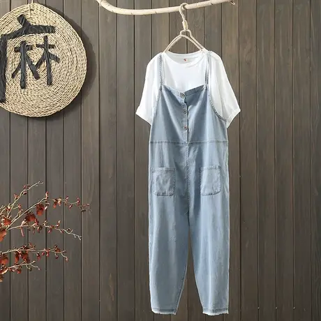 枫谜21年夏季新款文艺简约薄款牛仔裤背带裤女宽松休闲牛仔九分裤图片