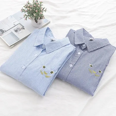 文艺小清新纯棉蓝白条纹衬衫女2019春季新款韩版宽松刺绣打底上衣商品大图