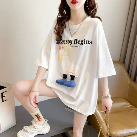 设计感小众短袖t恤女夏装韩版宽松大码中长款下衣失踪可爱上衣服图片